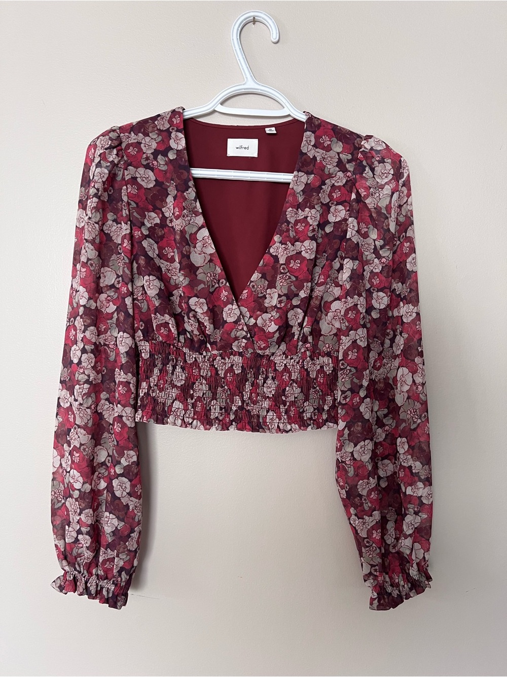 Wilfred Burgundy Floral V-Neck Smocked-Waist Blouse